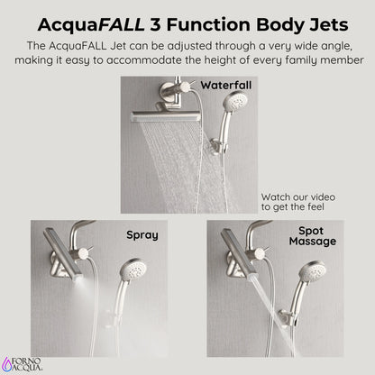 Forno Acqua AcquaFALL Mini Shower Head, Brushed Nickel Finish, Overhead Rainfall Shower, 7 Way Diverter, Handheld Shower Head, Body Jets, FORNO ACQUA