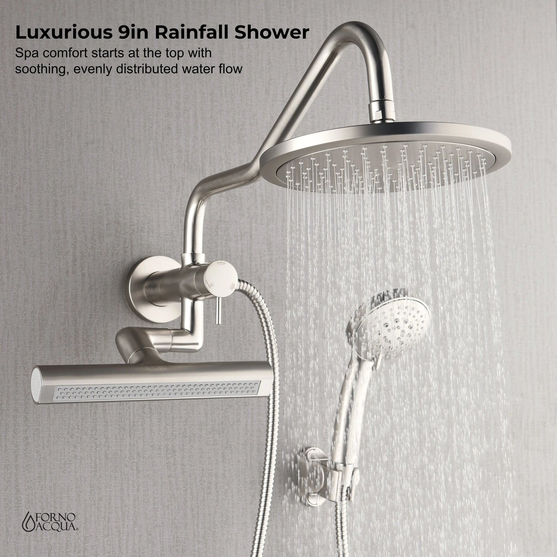 Forno Acqua AcquaFALL Mini Shower Head, Brushed Nickel Finish, Overhead Rainfall Shower, 7 Way Diverter, Handheld Shower Head, Body Jets, FORNO ACQUA