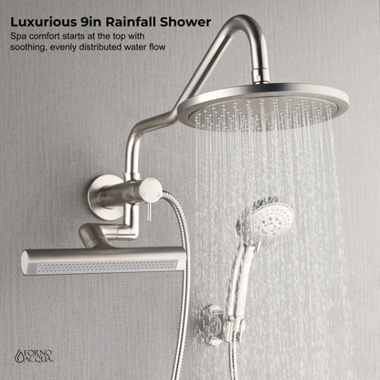 Forno Acqua AcquaFALL Mini Shower Head, Brushed Nickel Finish, Overhead Rainfall Shower, 7 Way Diverter, Handheld Shower Head, Body Jets, FORNO ACQUA