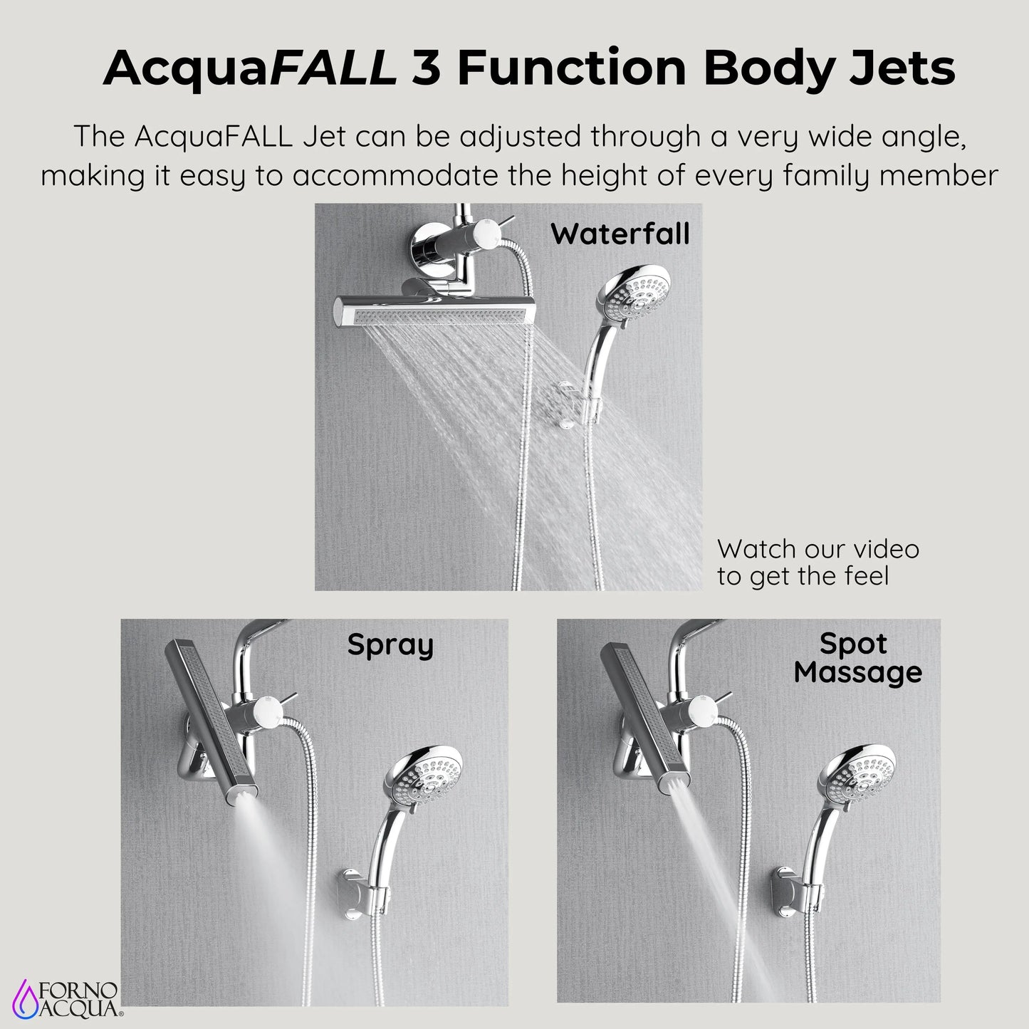 Forno Acqua AcquaFALL Mini Shower Head, Polished Stainless Steel Finish, Overhead Rainfall Shower, 7 Way Diverter, Handheld Shower Head, Body Jets, FORNO ACQUA