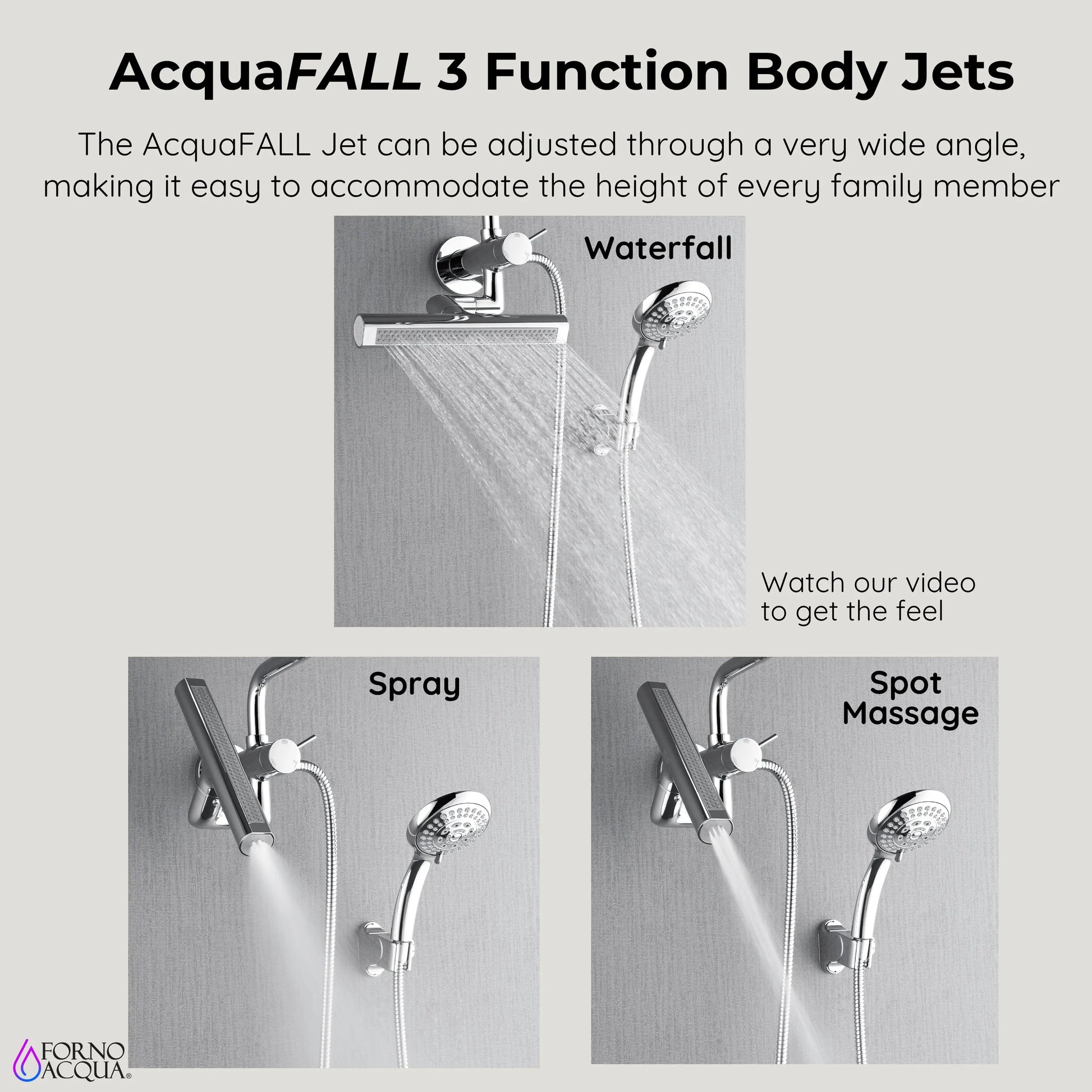Forno Acqua AcquaFALL Mini Shower Head, Polished Stainless Steel Finish, Overhead Rainfall Shower, 7 Way Diverter, Handheld Shower Head, Body Jets, FORNO ACQUA