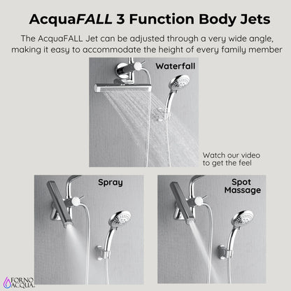 Forno Acqua AcquaFALL Mini Shower Head, Polished Stainless Steel Finish, Overhead Rainfall Shower, 7 Way Diverter, Handheld Shower Head, Body Jets, FORNO ACQUA