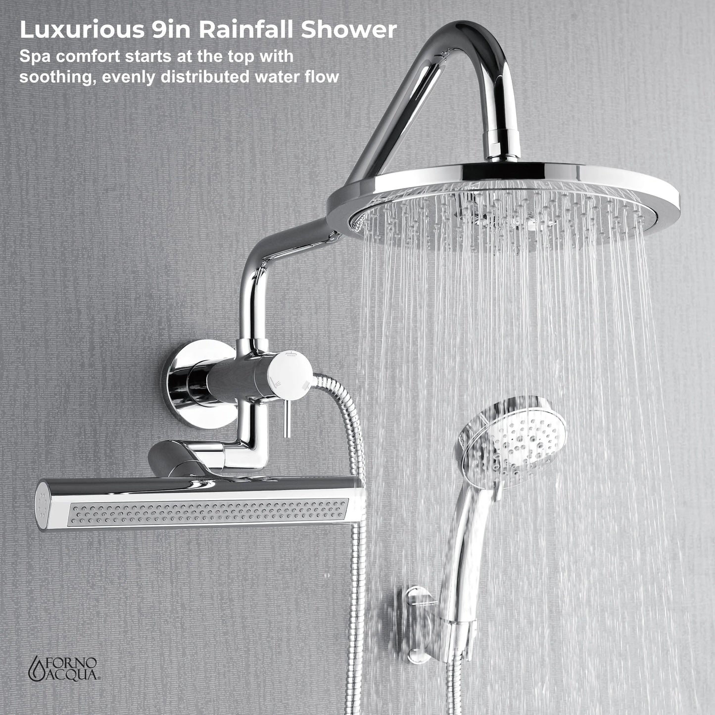 Forno Acqua AcquaFALL Mini Shower Head, Polished Stainless Steel Finish, Overhead Rainfall Shower, 7 Way Diverter, Handheld Shower Head, Body Jets, FORNO ACQUA