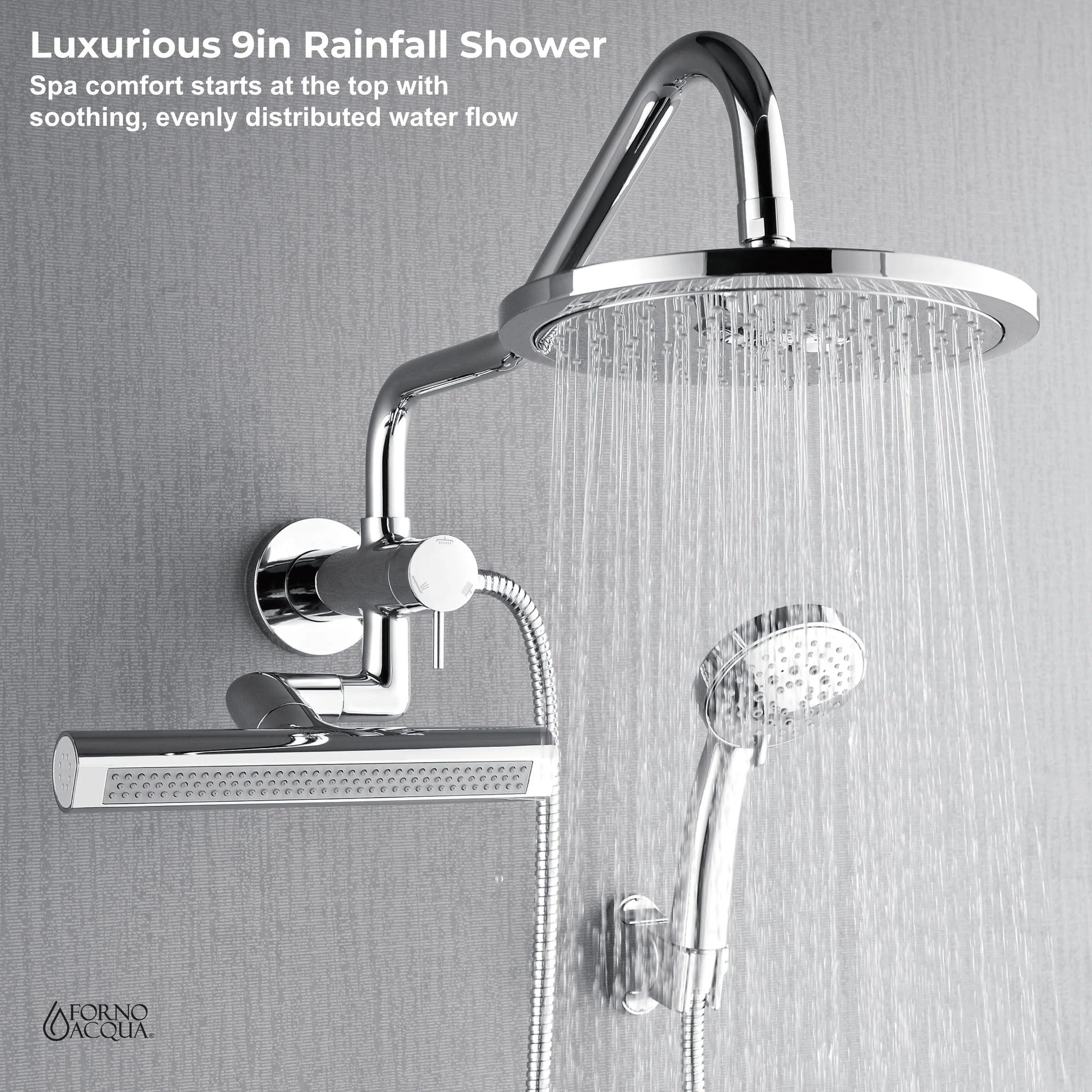 Forno Acqua AcquaFALL Mini Shower Head, Polished Stainless Steel Finish, Overhead Rainfall Shower, 7 Way Diverter, Handheld Shower Head, Body Jets, FORNO ACQUA