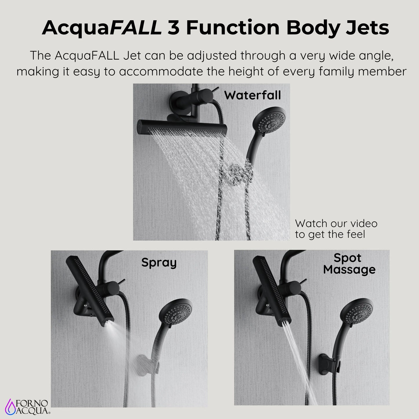 Forno Acqua AcquaFALL Mini 8 Inch Shower Head, Matte Black Finish, Overhead Rainfall Shower, Handheld Shower Head, Body Jets, 2.5 GPM Flow Rate FORNO ACQUA