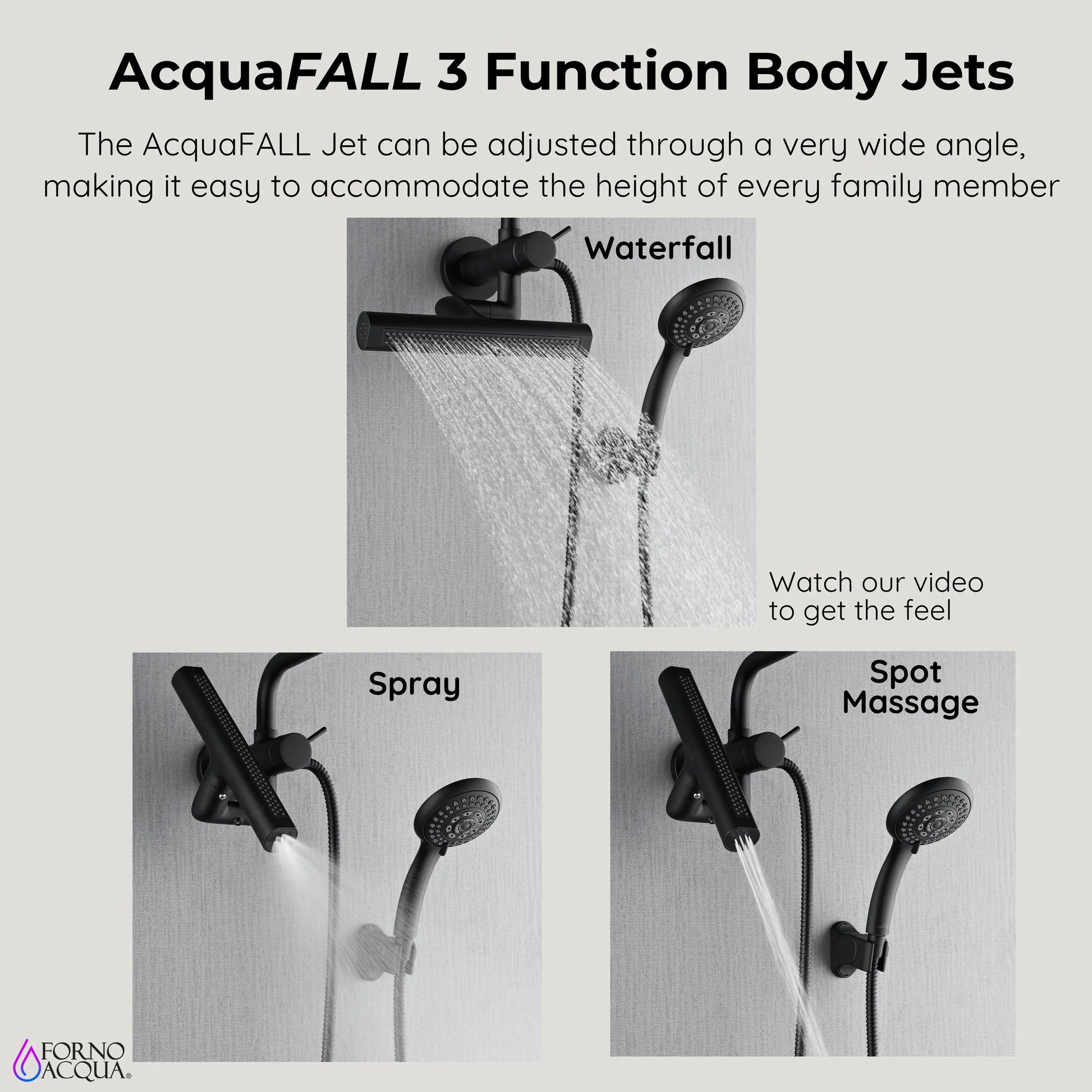 Forno Acqua AcquaFALL Mini 8 Inch Shower Head, Matte Black Finish, Overhead Rainfall Shower, Handheld Shower Head, Body Jets, 2.5 GPM Flow Rate FORNO ACQUA