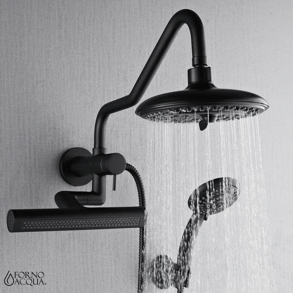 Forno Acqua AcquaFALL Mini 8 Inch Shower Head, Matte Black Finish, Overhead Rainfall Shower, Handheld Shower Head, Body Jets, 2.5 GPM Flow Rate FORNO