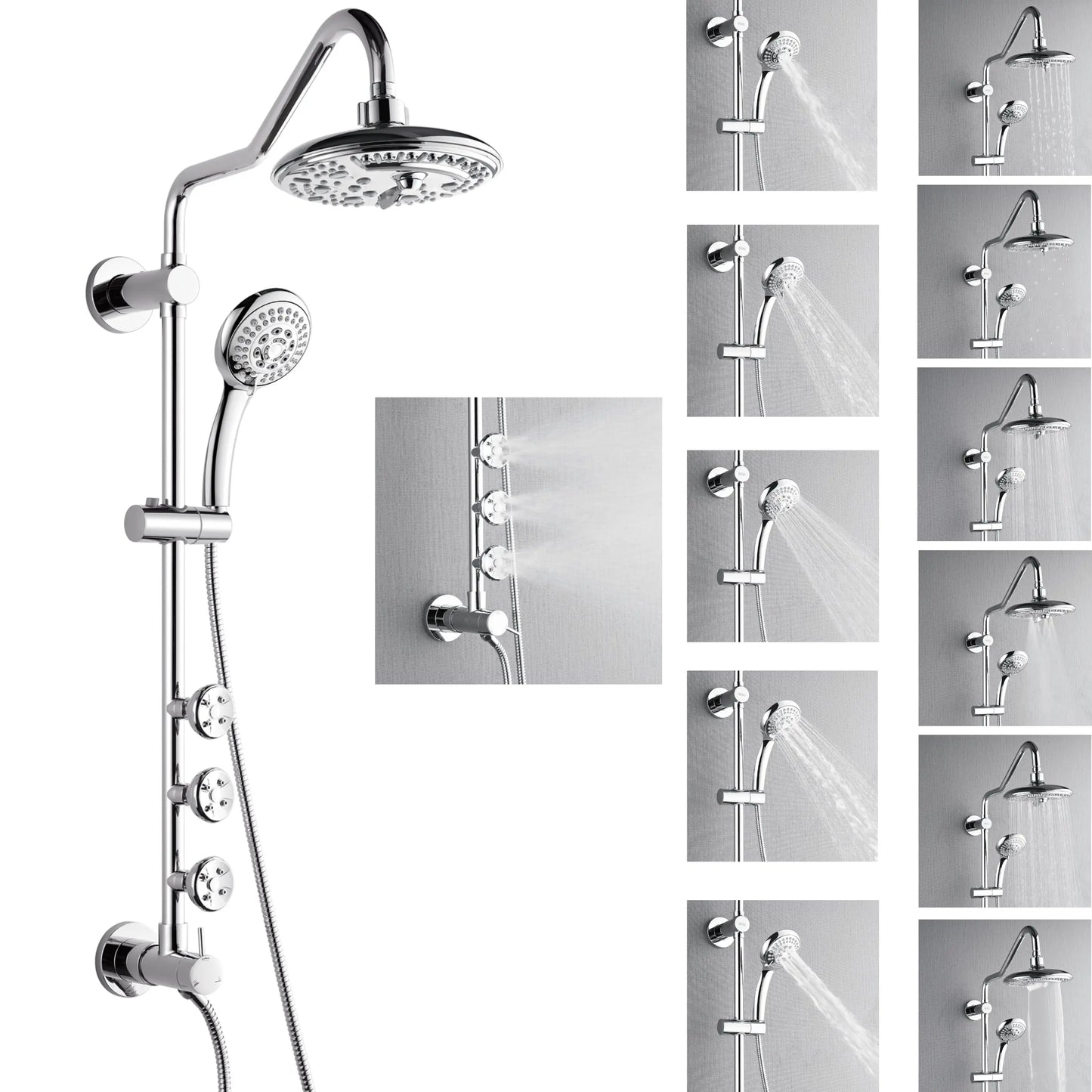 Forno Acqua AcquaSPA Retrofit Shower, Overhead Rainfall, 8 Inch Shower Head, Handheld Shower Head, Body Jets, 6 Way Diverter, Polished Stainless Steel FORNO ACQUA