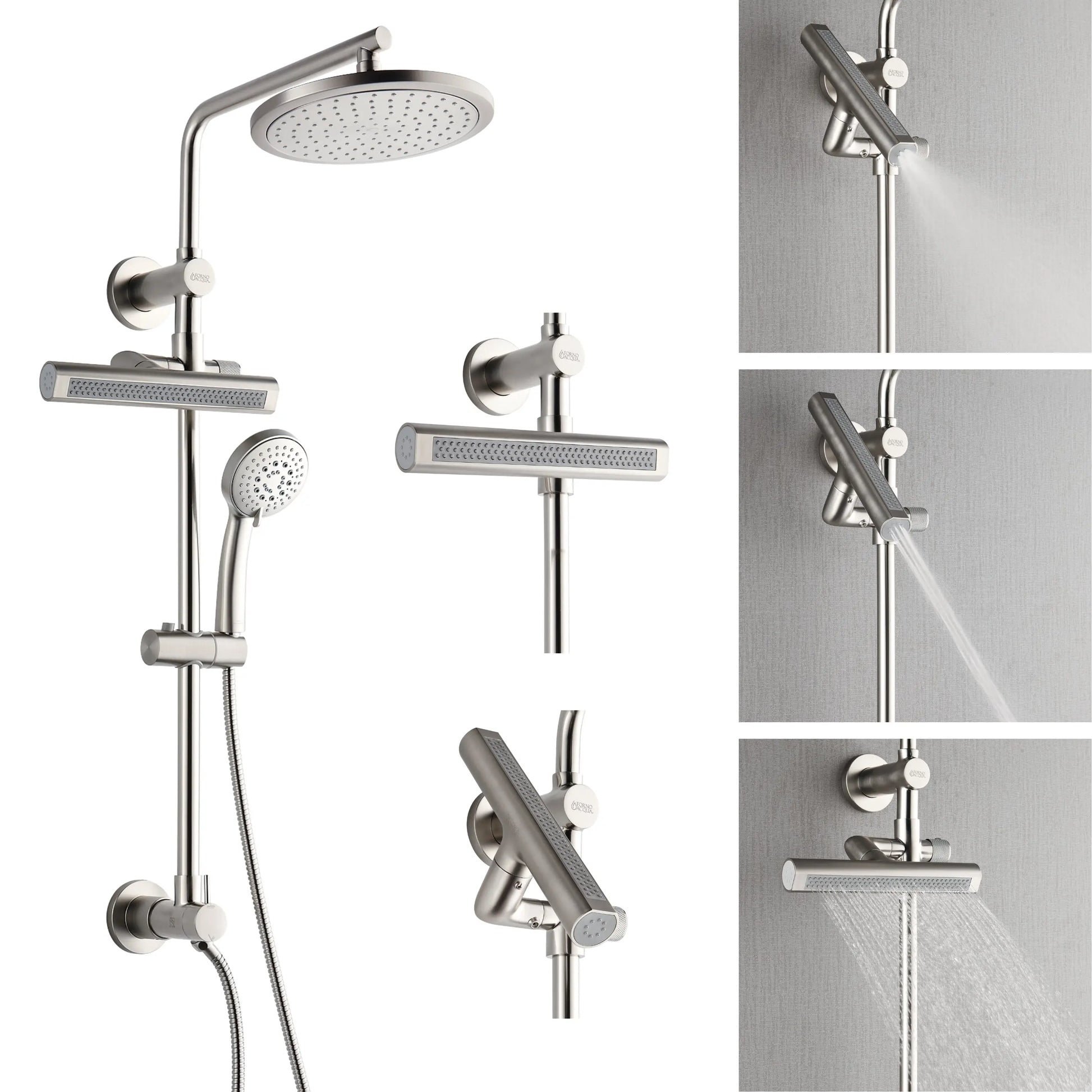 Forno Acqua AcquaFALL Shower, Brushed Nickel Finish, Overhead Rainfall Shower, Handheld Shower Head, Body Jets, 2.5 GPM Flow Rate FORNO ACQUA