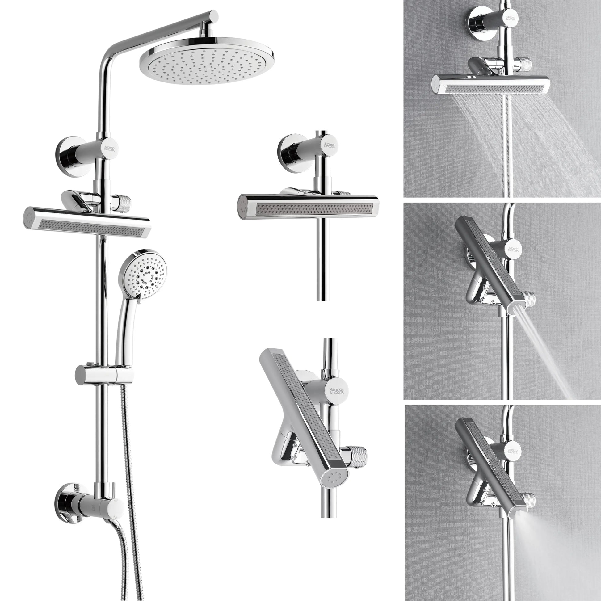 Forno Acqua AcquaFALL Shower, Polished Stainless Steel Finish, Overhead Rainfall Shower, Handheld Shower Head, Body Jets, 2.5 GPM Flow Rate FORNO ACQUA