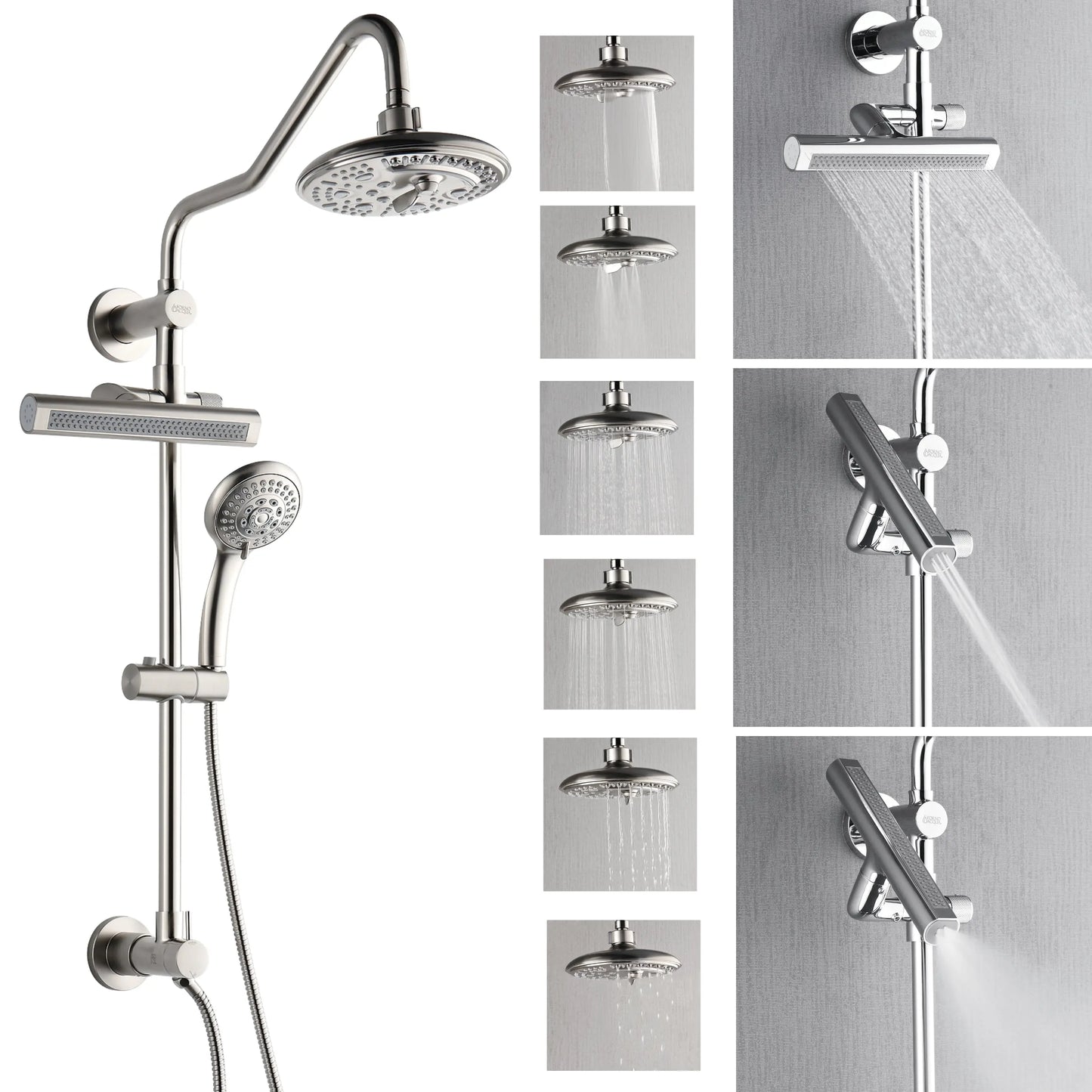 Forno Acqua AcquaFALL Shower, Brushed Nickel Finish, Overhead Rainfall Shower, 7 Way Diverter, Handheld Shower Head, Body Jets, 1.8 GPM Flow Rate FORNO ACQUA
