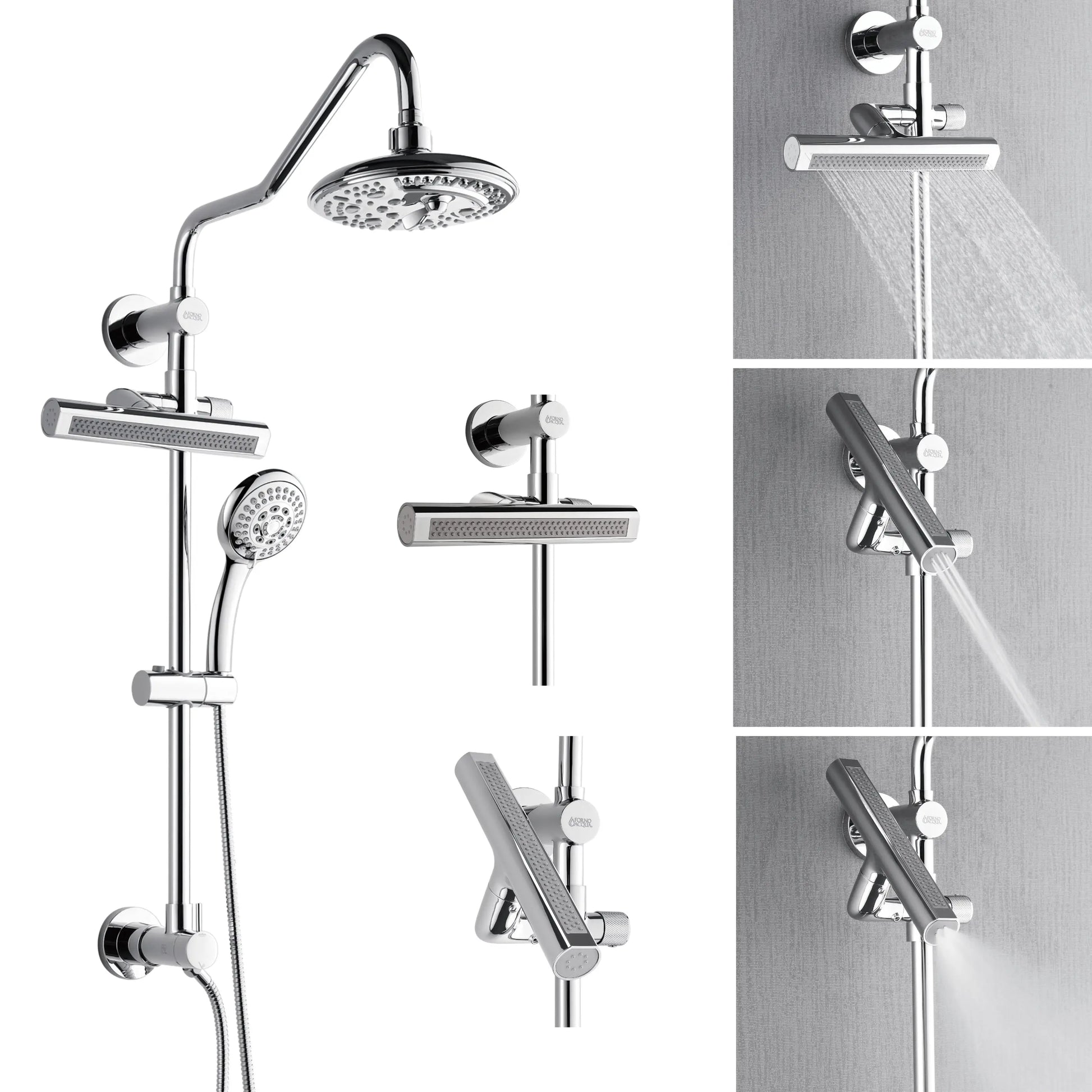 Forno Acqua AcquaFALL Shower, Polished Stainless Steel Finish, Overhead Rainfall Shower, 7 Way Diverter, Handheld Shower Head, Body Jets, FORNO ACQUA