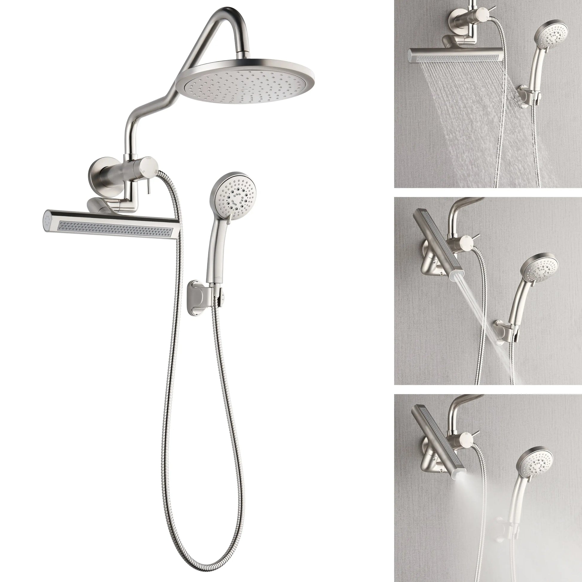Forno Acqua AcquaFALL Mini Shower Head, Brushed Nickel Finish, Overhead Rainfall Shower, 7 Way Diverter, Handheld Shower Head, Body Jets, FORNO ACQUA