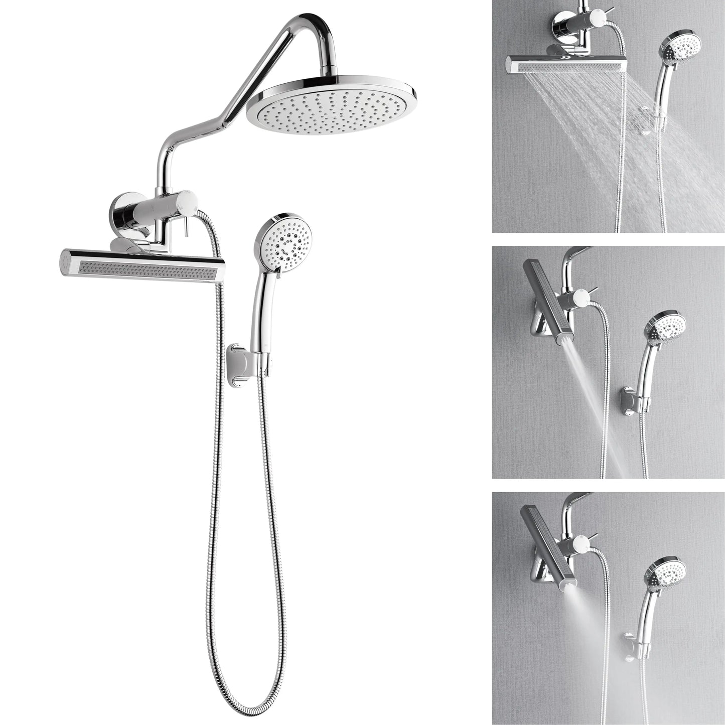 Forno Acqua AcquaFALL Mini Shower Head, Polished Stainless Steel Finish, Overhead Rainfall Shower, 7 Way Diverter, Handheld Shower Head, Body Jets, FORNO ACQUA