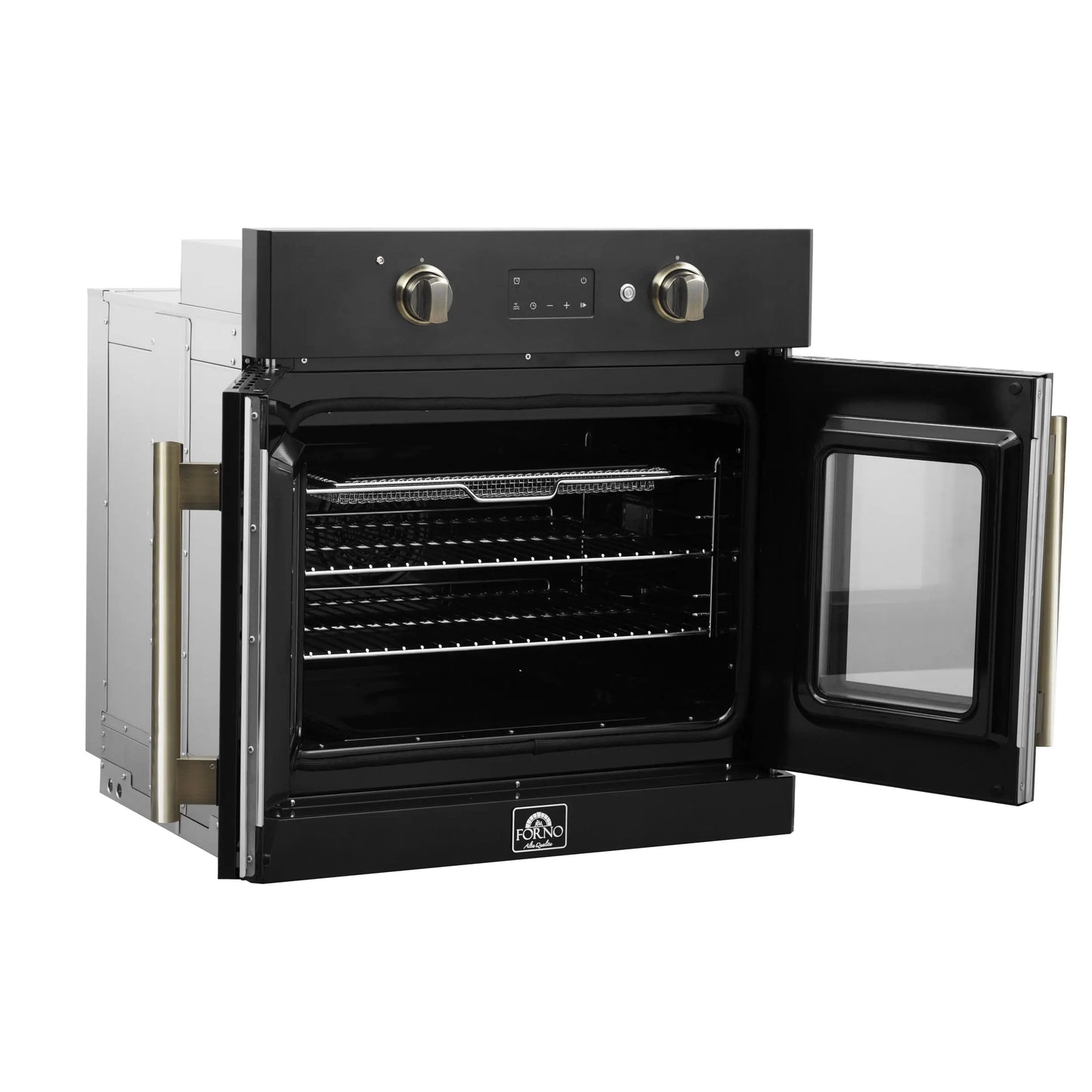 Forno Asti 30-Inch French Door Electric Wall Oven in Black & Antique Brass, 3.68 cu. ft. True Convection, 3,600W, Air Fry, Sous Vide, Self-Clean FORNO