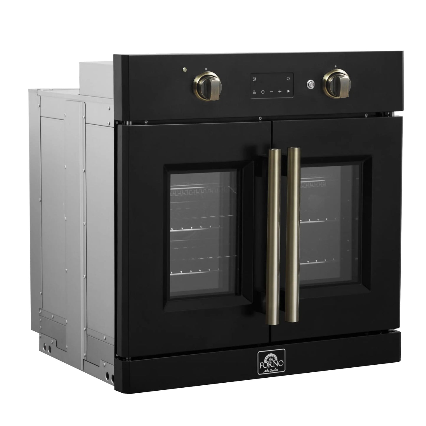 Forno Asti 30-Inch French Door Electric Wall Oven in Black & Antique Brass, 3.68 cu. ft. True Convection, 3,600W, Air Fry, Sous Vide, Self-Clean FORNO