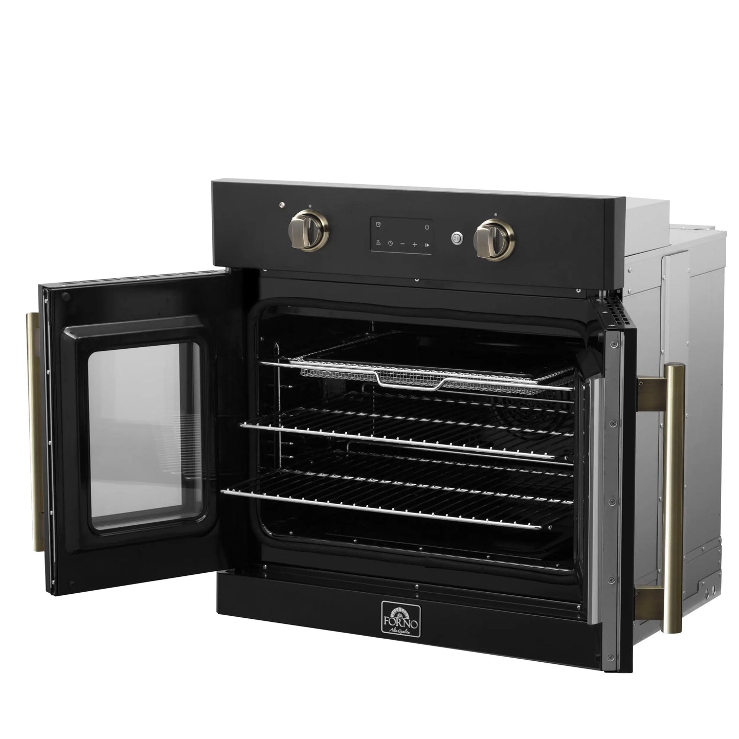 Forno Asti 30-Inch French Door Electric Wall Oven in Black & Antique Brass, 3.68 cu. ft. True Convection, 3,600W, Air Fry, Sous Vide, Self-Clean FORNO
