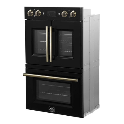 Forno Asti 30-Inch Double Electric Wall Oven with Upper French Doors in Black & Antique Brass, 7.36 cu. ft. FORNO