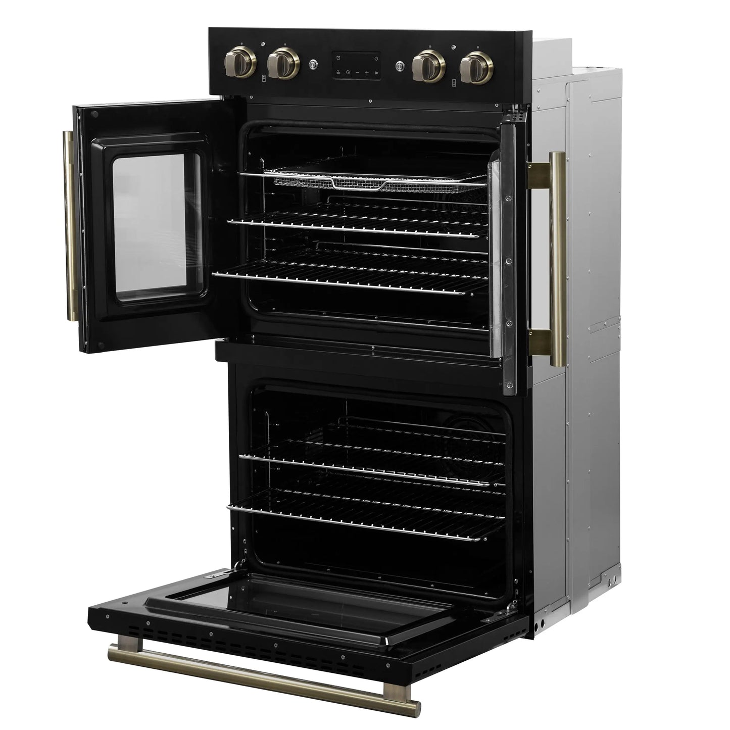 Forno Asti 30-Inch Double Electric Wall Oven with Upper French Doors in Black & Antique Brass, 7.36 cu. ft. FORNO