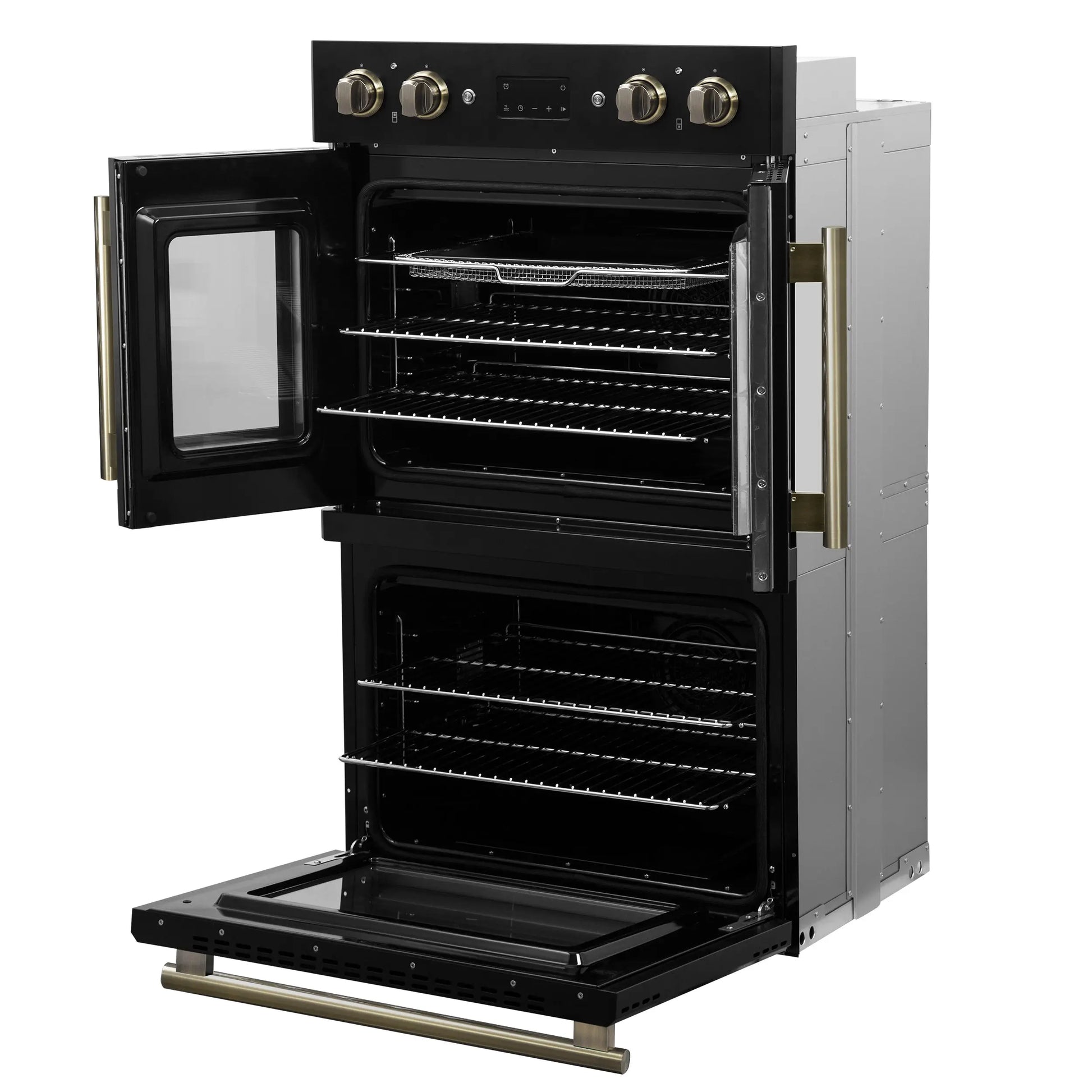 Forno Asti 30-Inch Double Electric Wall Oven with Upper French Doors in Black & Antique Brass, 7.36 cu. ft. FORNO