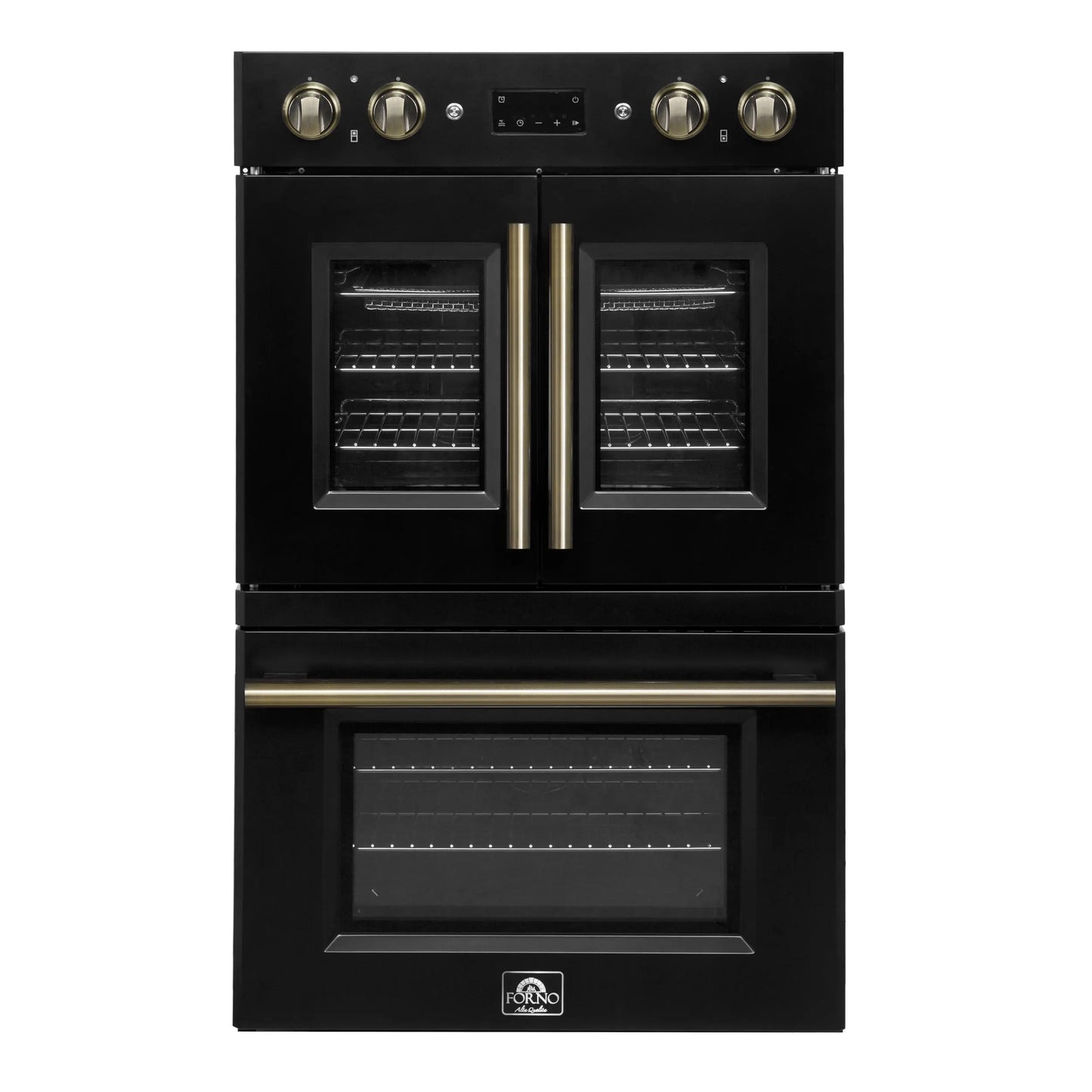 Forno Asti 30-Inch Double Electric Wall Oven with Upper French Doors in Black & Antique Brass, 7.36 cu. ft. FORNO