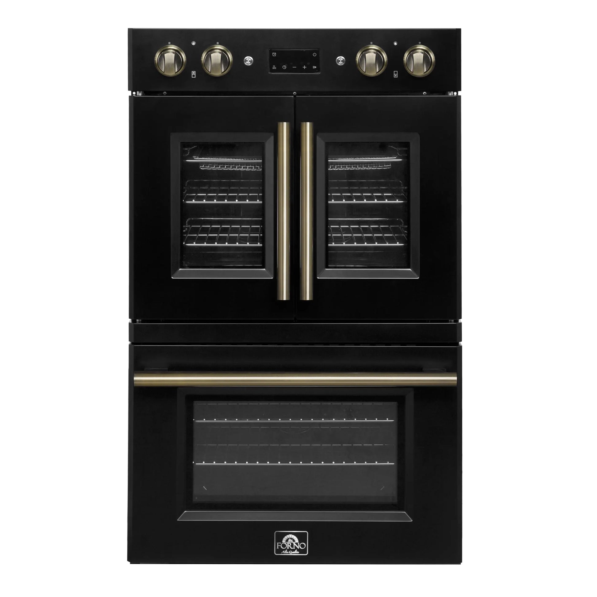 Forno Asti 30-Inch Double Electric Wall Oven with Upper French Doors in Black & Antique Brass, 7.36 cu. ft. FORNO