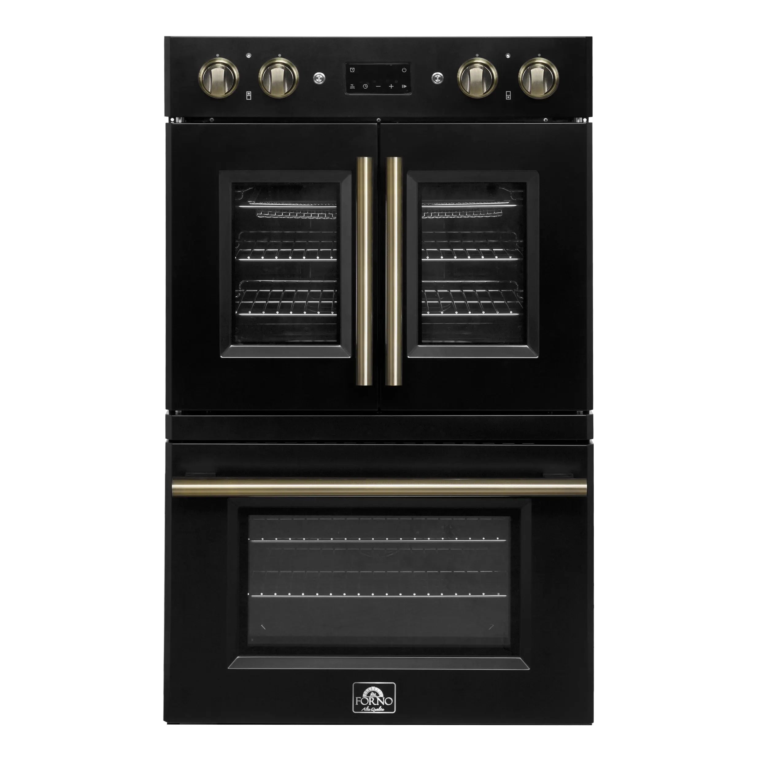 Forno Asti 30-Inch Double Electric Wall Oven with Upper French Doors in Black & Antique Brass, 7.36 cu. ft. FORNO