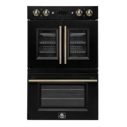 Forno Asti 30-Inch Double Electric Wall Oven with Upper French Doors in Black & Antique Brass, 7.36 cu. ft. FORNO