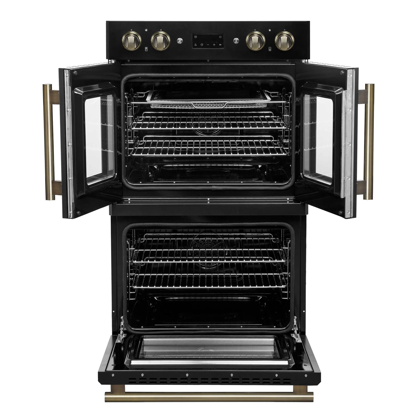 Forno Asti 30-Inch Double Electric Wall Oven with Upper French Doors in Black & Antique Brass, 7.36 cu. ft. FORNO