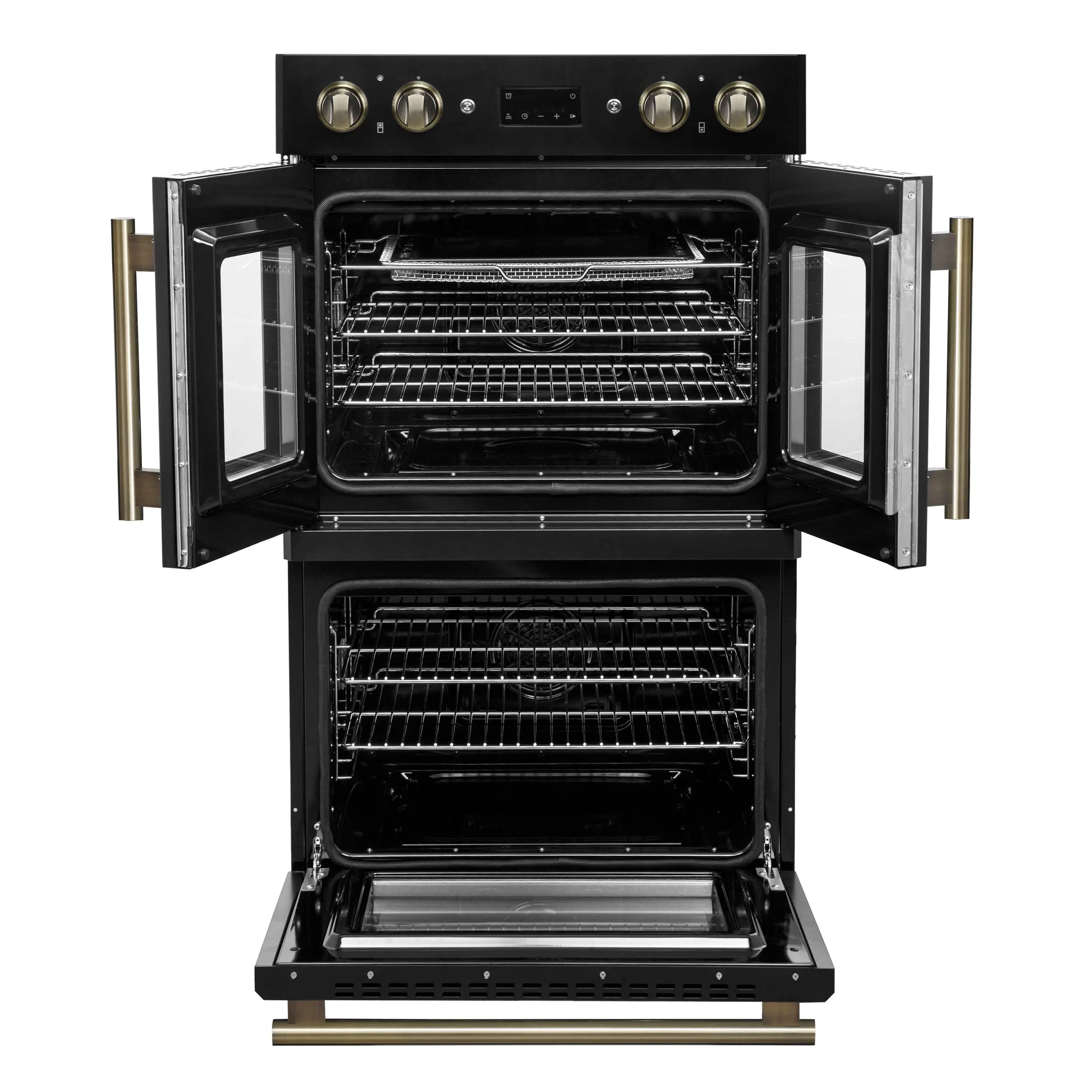 Forno Asti 30-Inch Double Electric Wall Oven with Upper French Doors in Black & Antique Brass, 7.36 cu. ft. FORNO