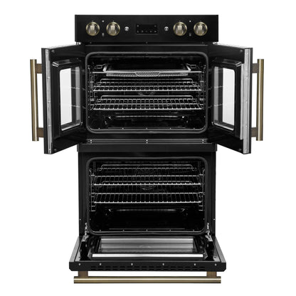 Forno Asti 30-Inch Double Electric Wall Oven with Upper French Doors in Black & Antique Brass, 7.36 cu. ft. FORNO