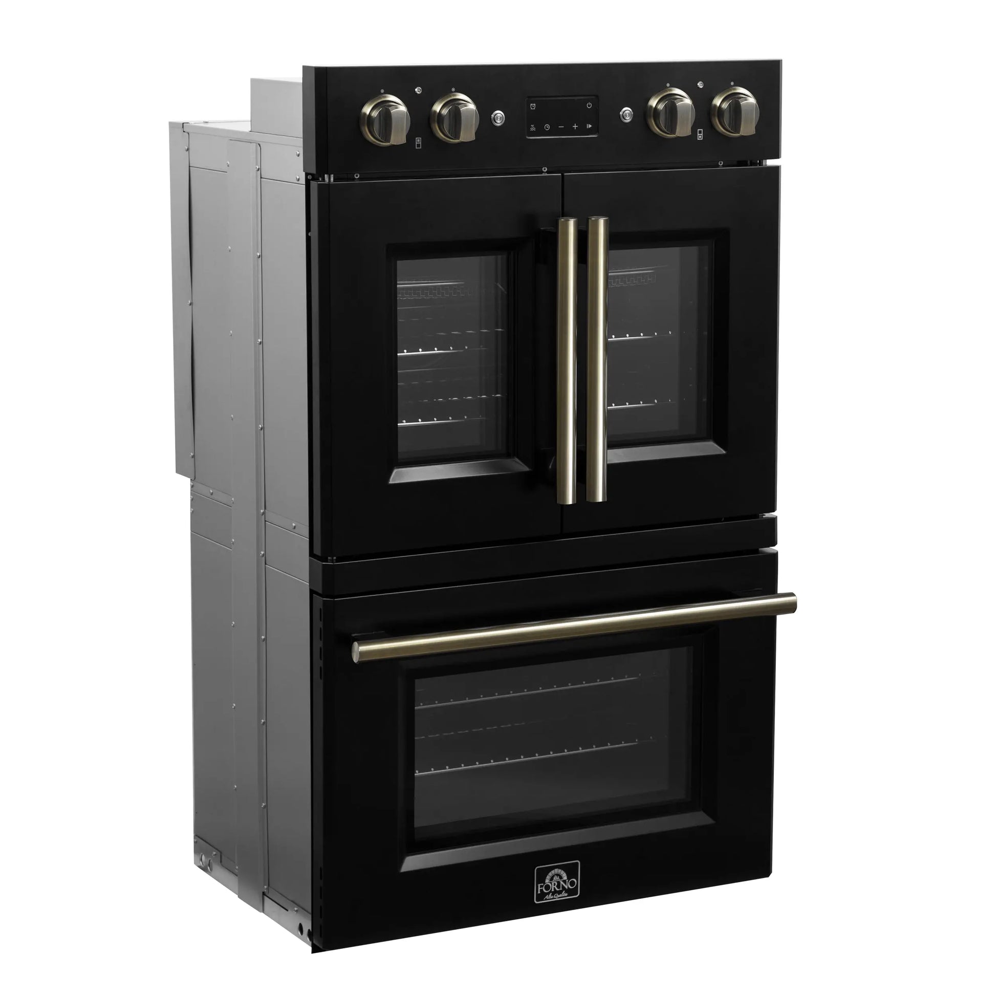 Forno Asti 30-Inch Double Electric Wall Oven with Upper French Doors in Black & Antique Brass, 7.36 cu. ft. FORNO