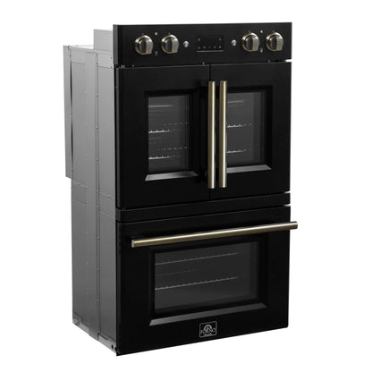 Forno Asti 30-Inch Double Electric Wall Oven with Upper French Doors in Black & Antique Brass, 7.36 cu. ft. FORNO