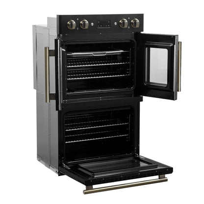Forno Asti 30-Inch Double Electric Wall Oven with Upper French Doors in Black & Antique Brass, 7.36 cu. ft. FORNO