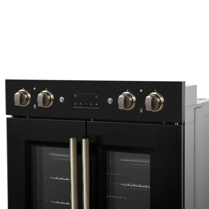 Forno Asti 30-Inch Double Electric Wall Oven with Upper French Doors in Black & Antique Brass, 7.36 cu. ft. FORNO