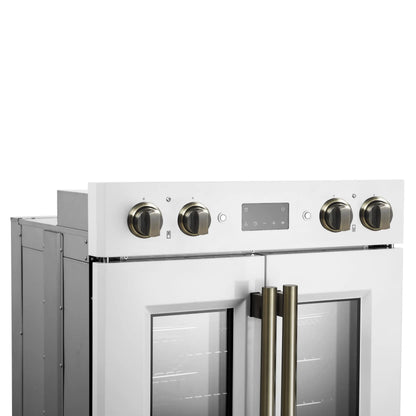Forno Asti 30-Inch Double Electric Wall Oven with Upper French Doors in White & Antique Brass, 7.36 cu. ft. FORNO