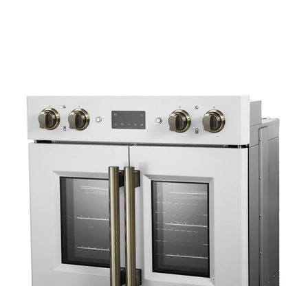 Forno Asti 30-Inch Double Electric Wall Oven with Upper French Doors in White & Antique Brass, 7.36 cu. ft. FORNO