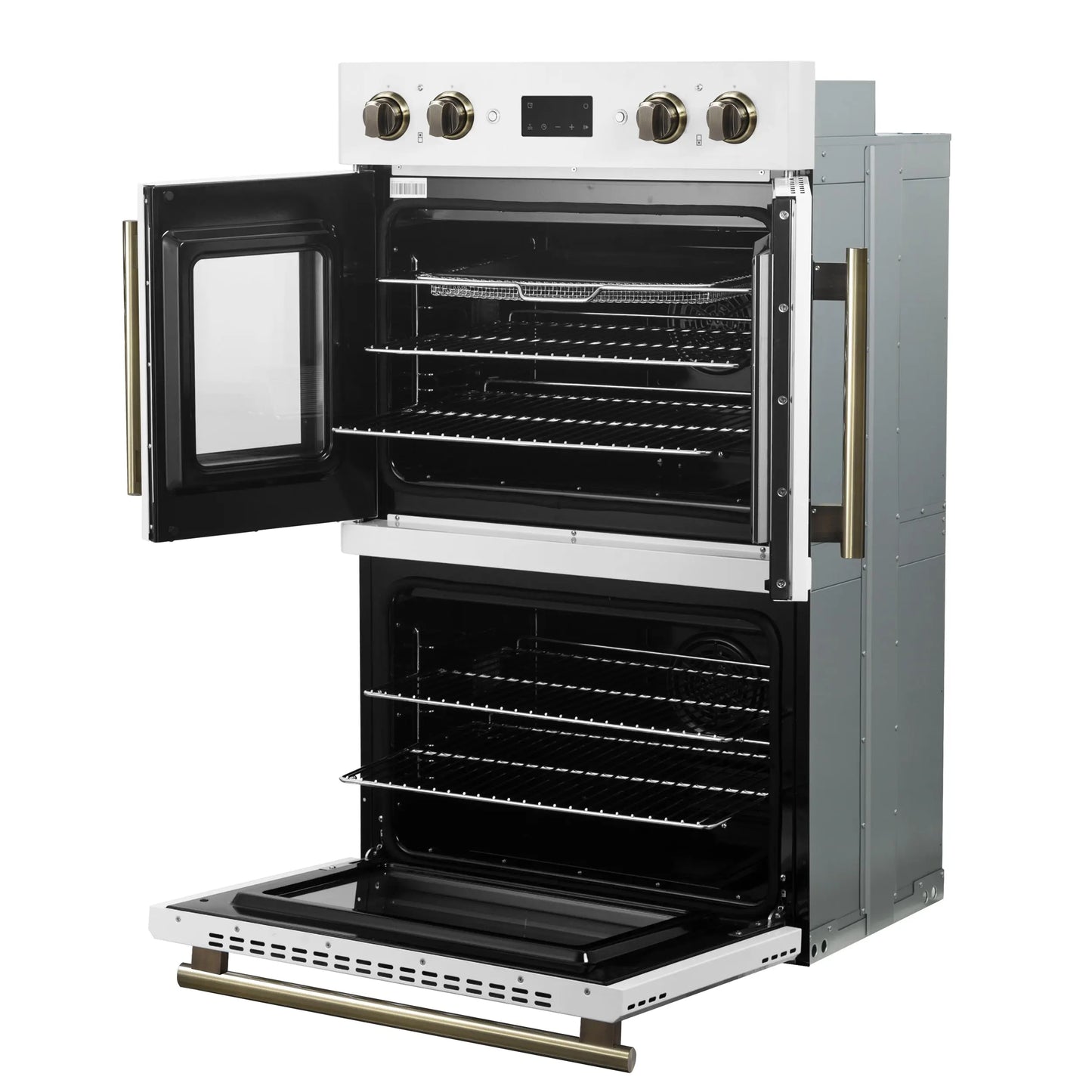 Forno Asti 30-Inch Double Electric Wall Oven with Upper French Doors in White & Antique Brass, 7.36 cu. ft. FORNO