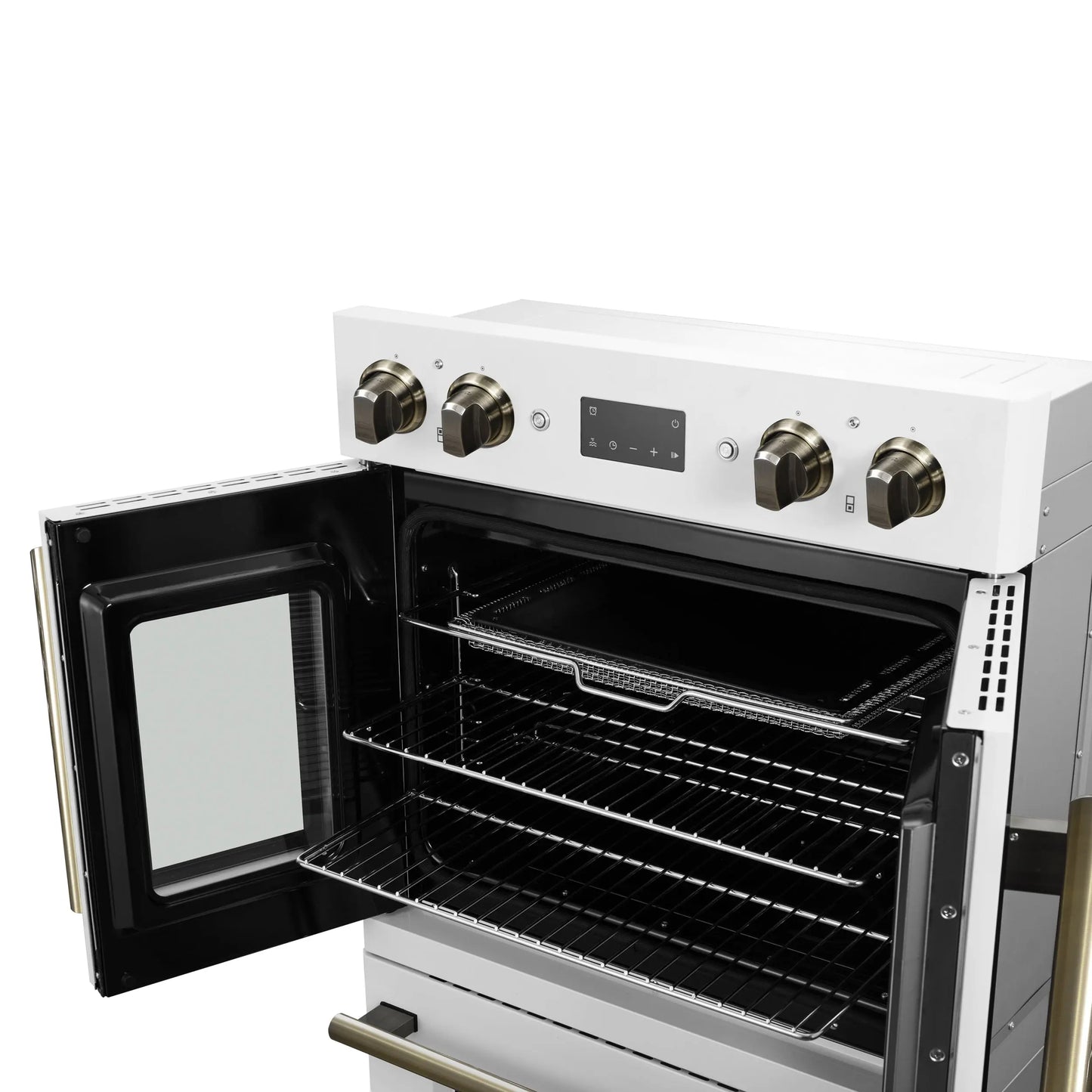Forno Asti 30-Inch Double Electric Wall Oven with Upper French Doors in White & Antique Brass, 7.36 cu. ft. FORNO