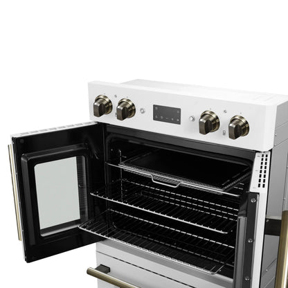 Forno Asti 30-Inch Double Electric Wall Oven with Upper French Doors in White & Antique Brass, 7.36 cu. ft. FORNO