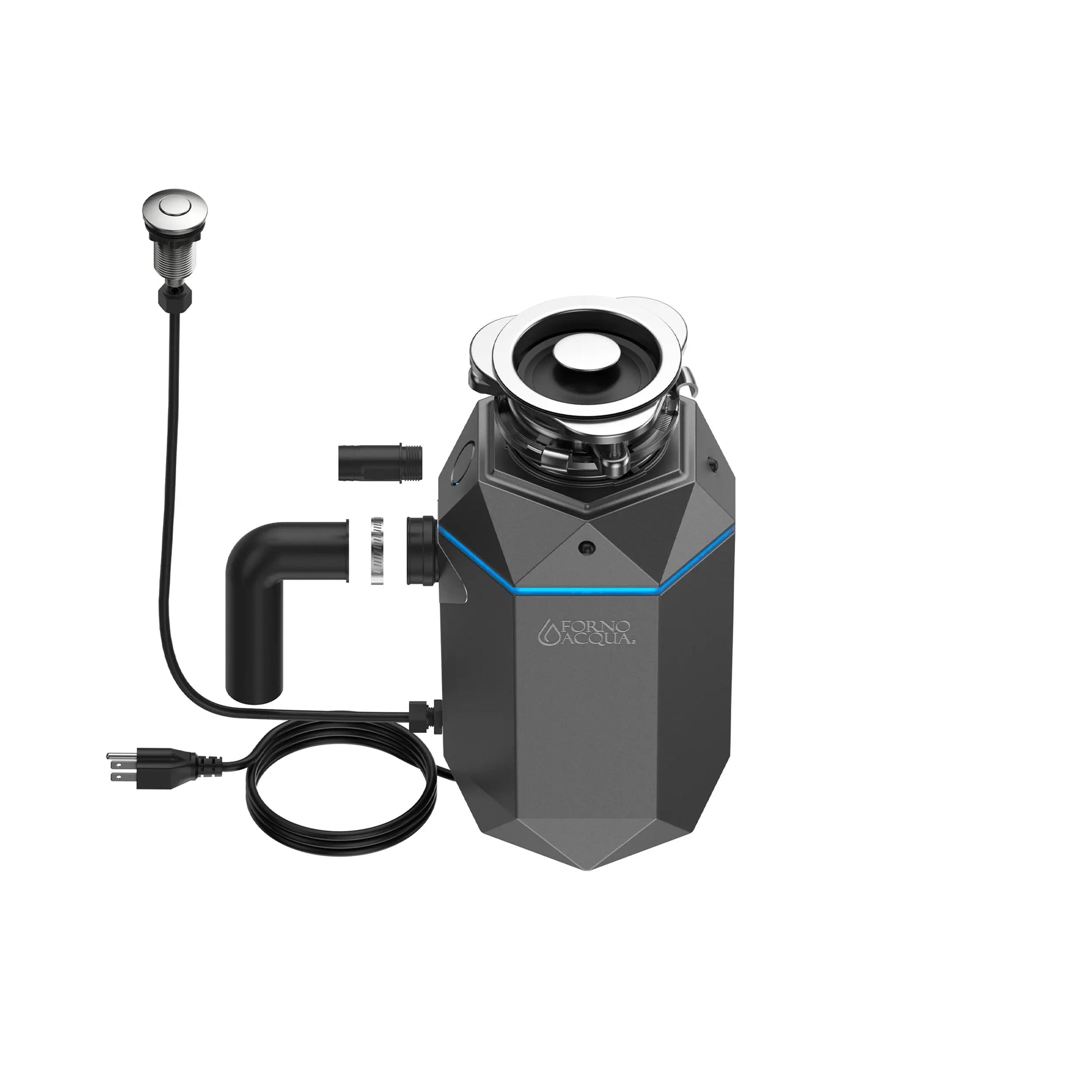 FORNO ACQUA BrightDIAMOND Black Onyx 3/4HP Super Quiet Garbage Disposal Corded with Motion Sensor Cabinet Light & Pre-Wired Air Switch FORNO ACQUA