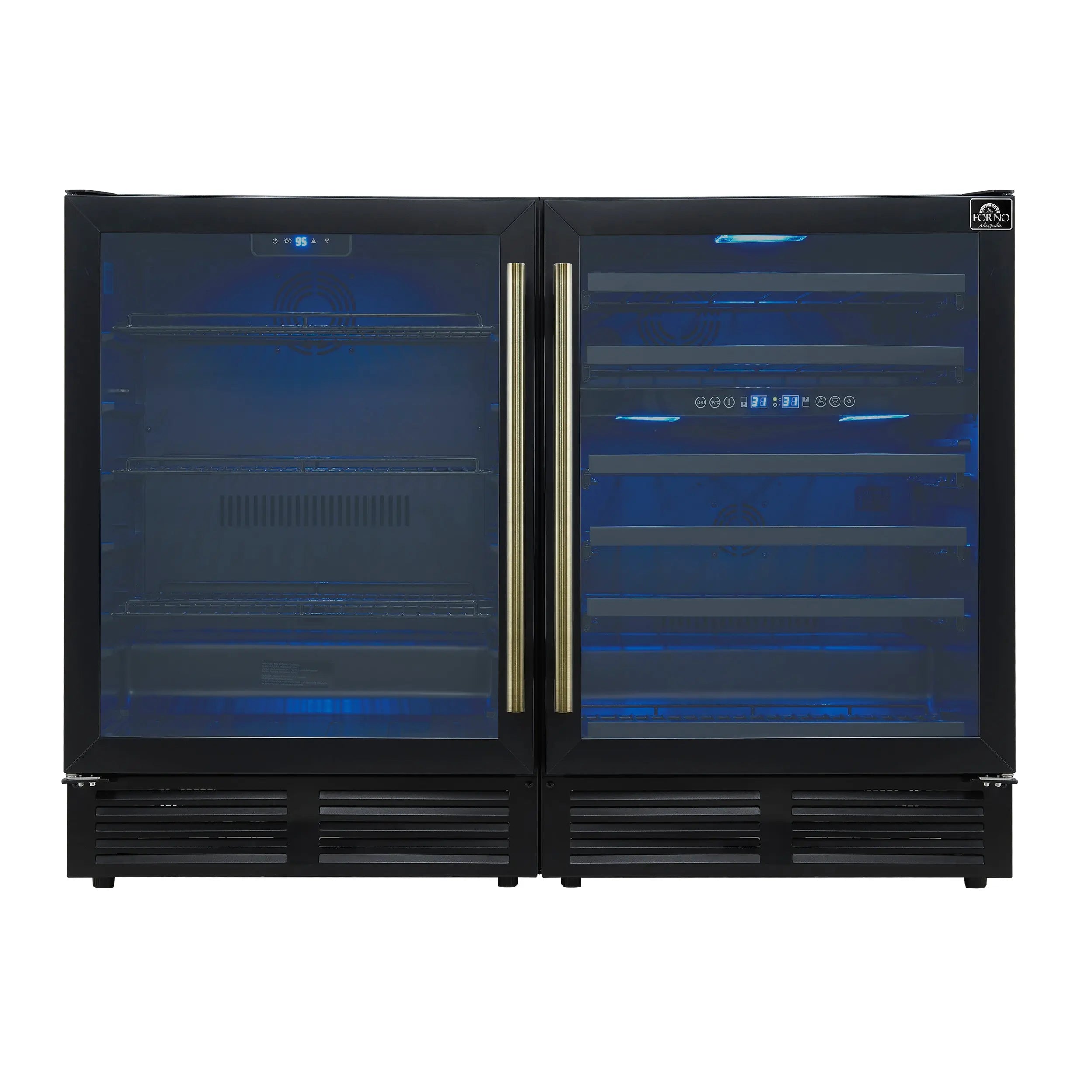 Gemello 48 Inch Side-by-Side Wine and Beverage Cooler in Black with Antique Brass Handles, French Door, 9.6 cu. ft. FORNO
