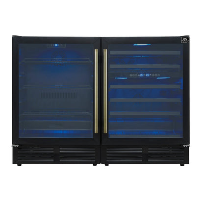 Gemello 48 Inch Side-by-Side Wine and Beverage Cooler in Black with Antique Brass Handles, French Door, 9.6 cu. ft. FORNO
