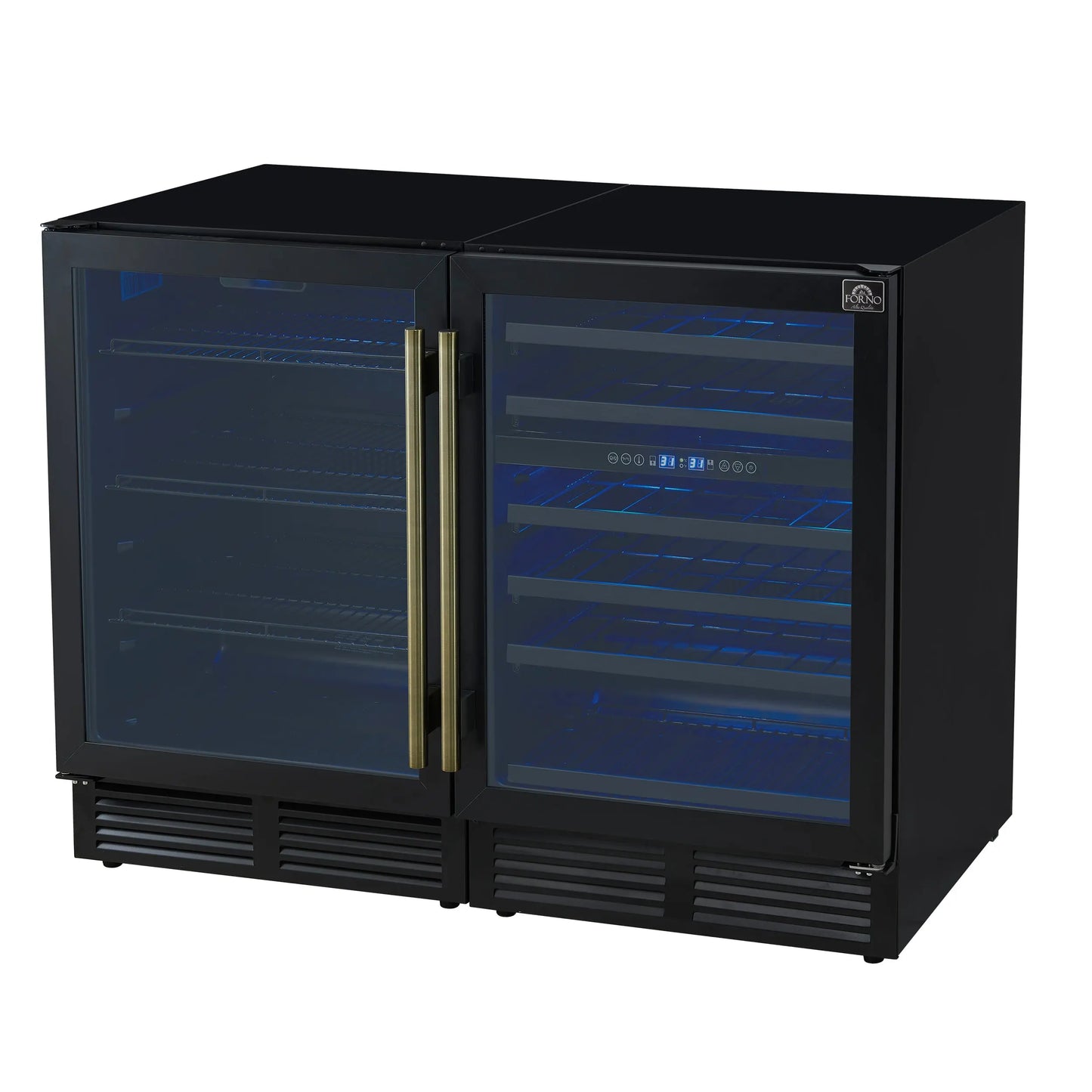 Gemello 48 Inch Side-by-Side Wine and Beverage Cooler in Black with Antique Brass Handles, French Door, 9.6 cu. ft. FORNO