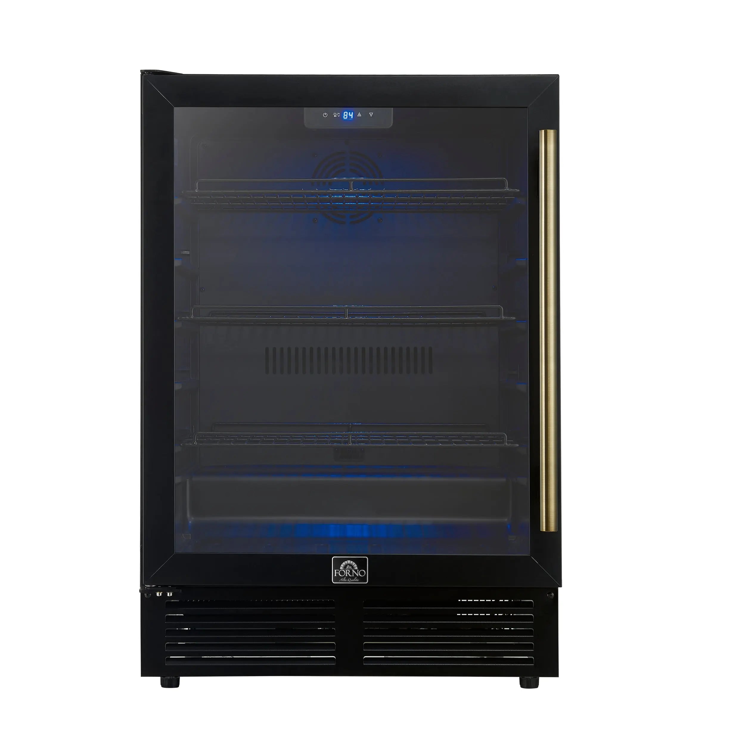 Forno Frescolino 24 Inch Beverage Cooler, Black with Antique Brass Handles, with LED Lighting, Triple Glass Door, 188 Can Capacity FORNO