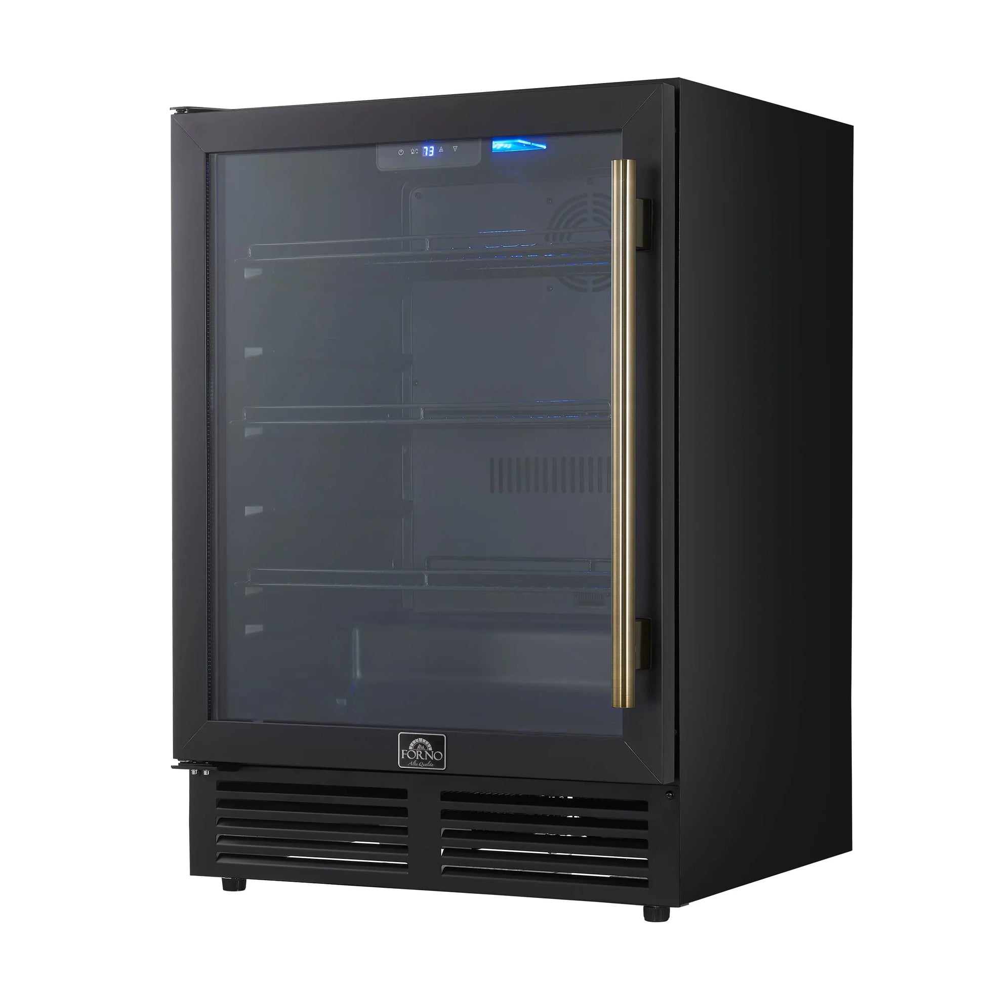 Forno Frescolino 24 Inch Beverage Cooler, Black with Antique Brass Handles, with LED Lighting, Triple Glass Door, 188 Can Capacity FORNO