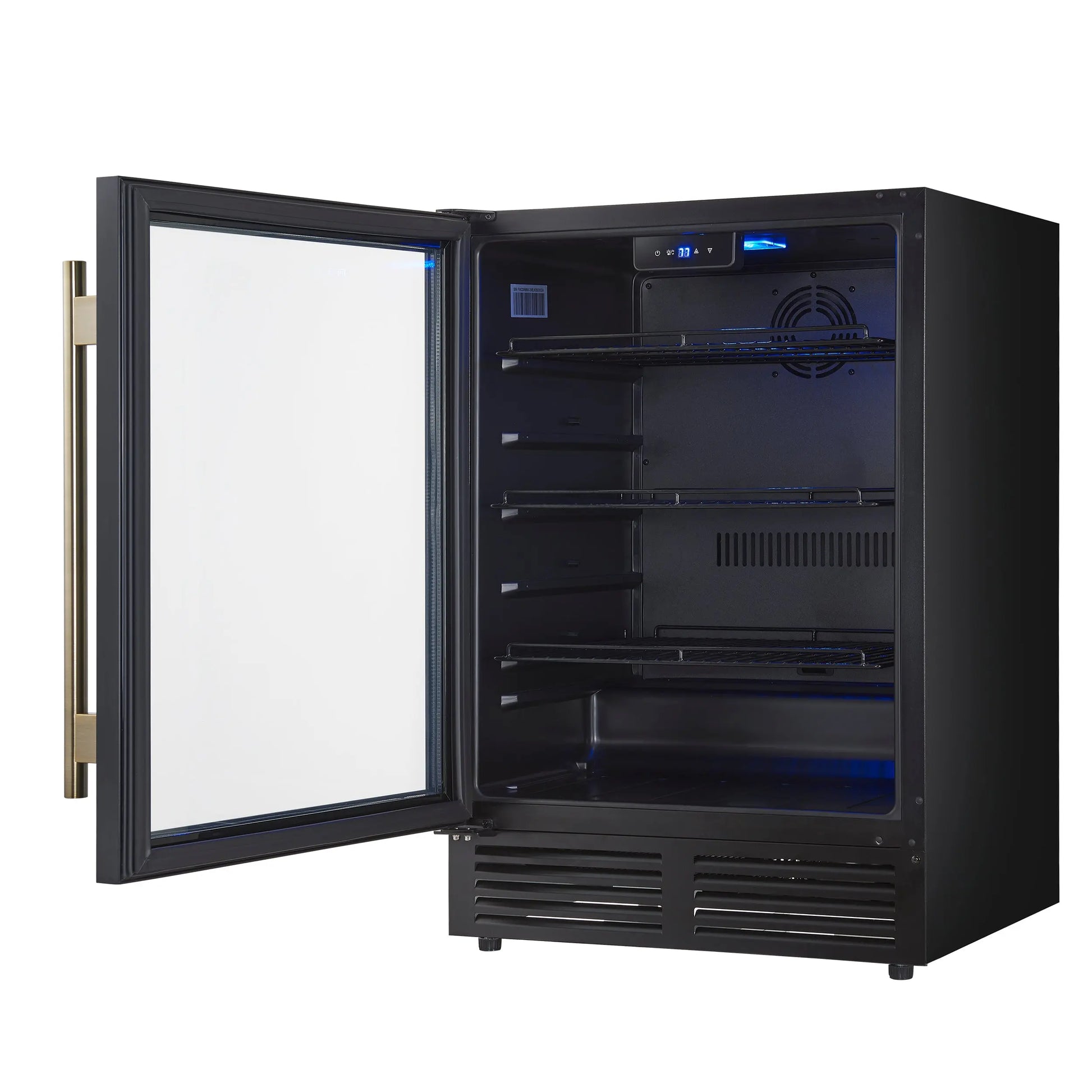 Forno Frescolino 24 Inch Beverage Cooler, Black with Antique Brass Handles, with LED Lighting, Triple Glass Door, 188 Can Capacity FORNO