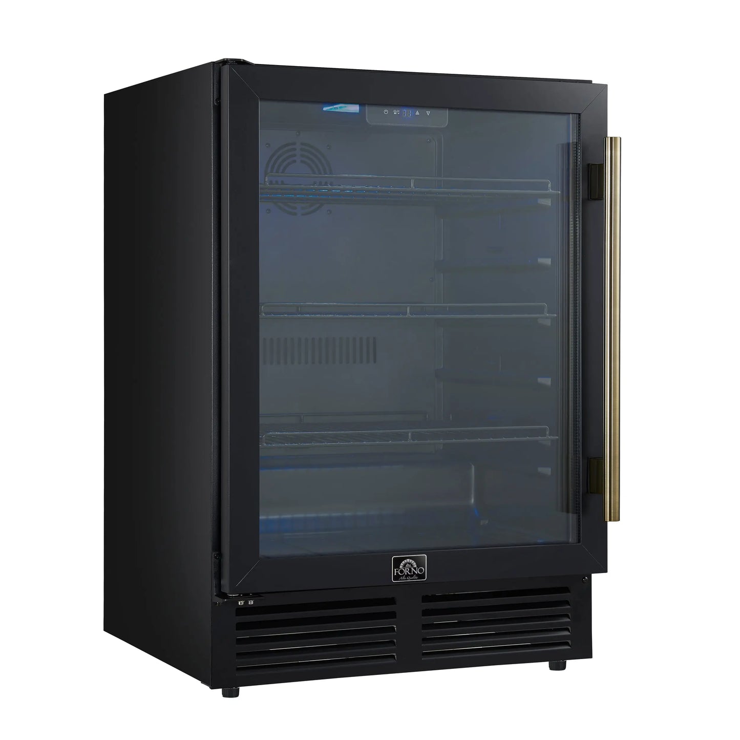 Forno Frescolino 24 Inch Beverage Cooler, Black with Antique Brass Handles, with LED Lighting, Triple Glass Door, 188 Can Capacity FORNO