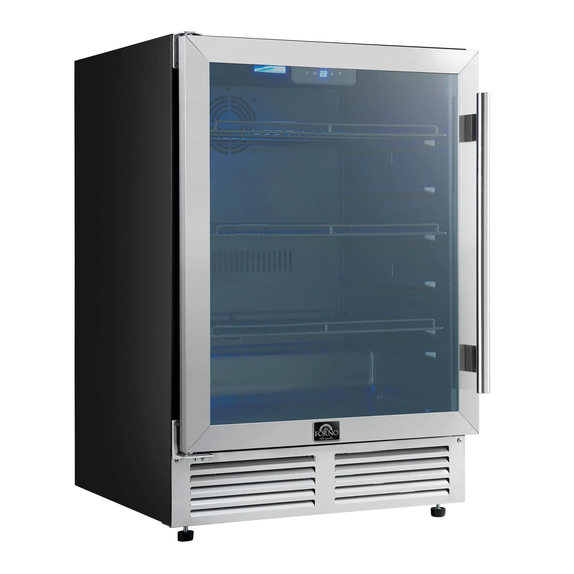 Forno Frescolino 24 Inch Beverage Cooler, Stainless Steel, with LED Lighting, Triple Glass Door, 188 Can Capacity, Built-In or Freestanding FORNO