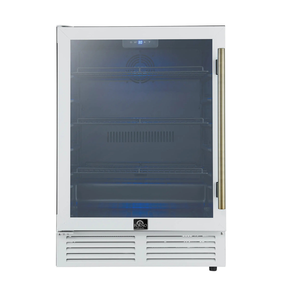 Forno Frescolino 24 Inch Beverage Cooler, White with Antique Brass Handles, with LED Lighting, Triple Glass Door, 188 Can Capacity FORNO